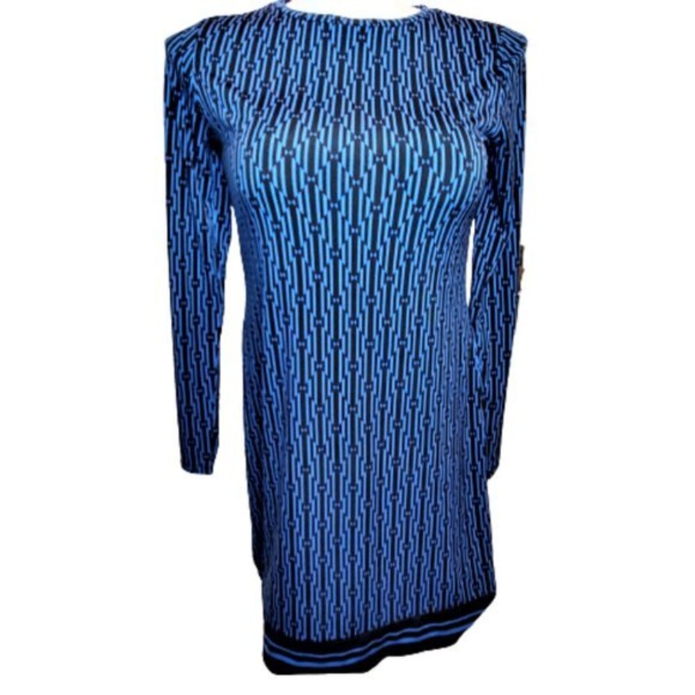 Michael Kors Long Sleeve Sheath Dress Size M Blue Black Geometric Print Stretch